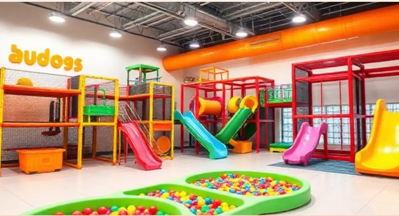 Interior del parque con las estructuras de juego y la piscina de bolas